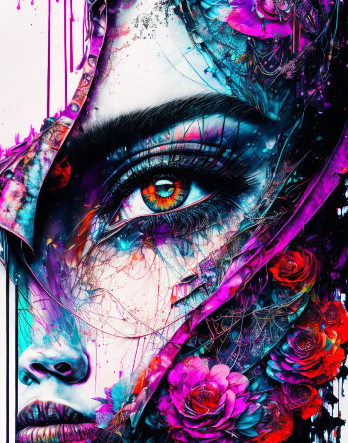 Detailed digital artwork showcasing woman's face with abstract floral designs, vibrant eye.