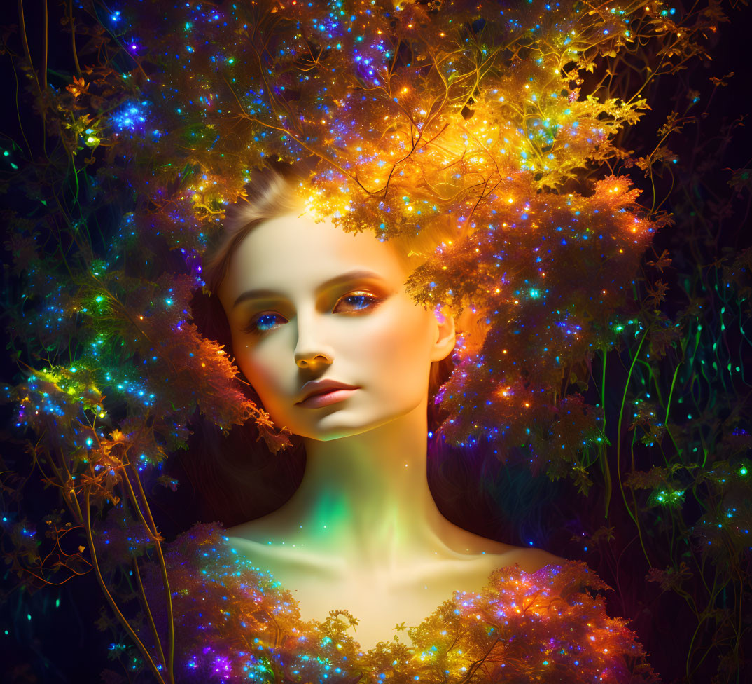 Colorful Tree-Shaped Hair with Glowing Flowers and Leaves