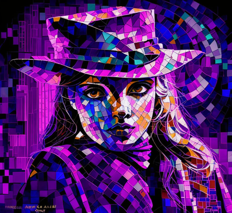 Vibrant mosaic digital art of woman in wide-brimmed hat