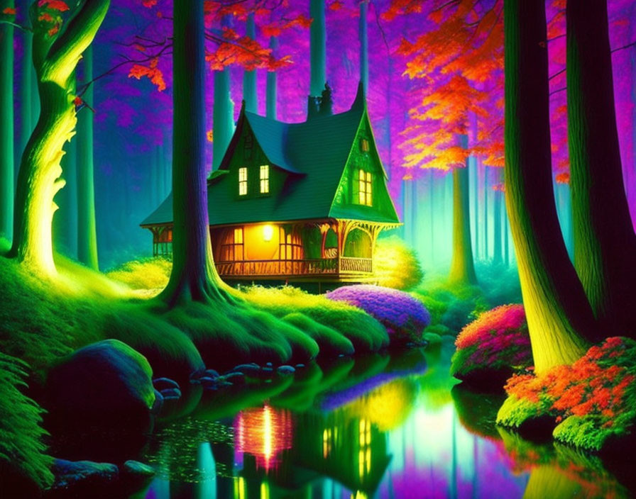 Colorful Forest House with Glowing Windows by Tranquil River