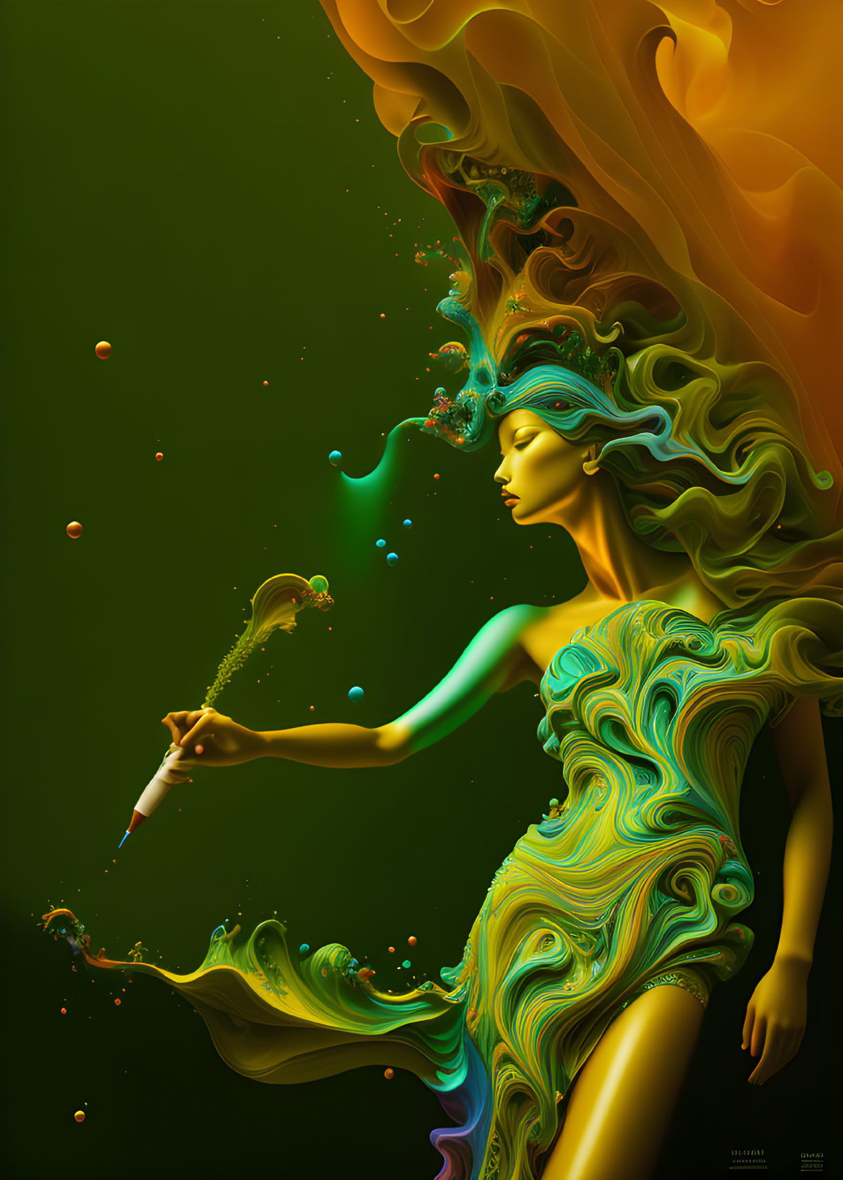 Vibrant green and orange woman with flowing hair and dress holding a colorful pen.