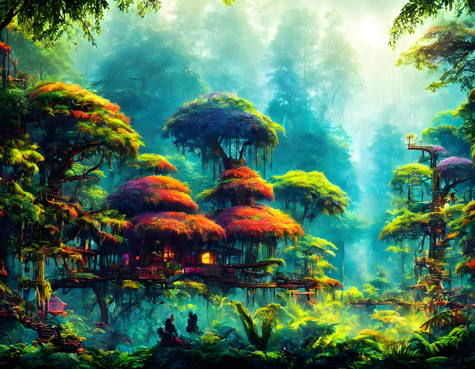 Vibrant Fantasy Forest with Towering Trees and Whimsical Structures