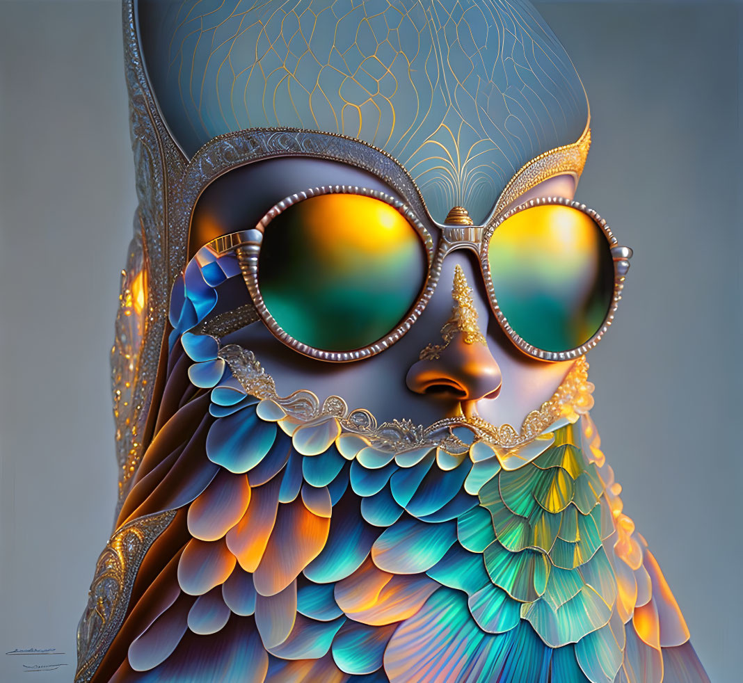 Detailed Owl Illustration with Ornate Feathers & Golden Sunglasses