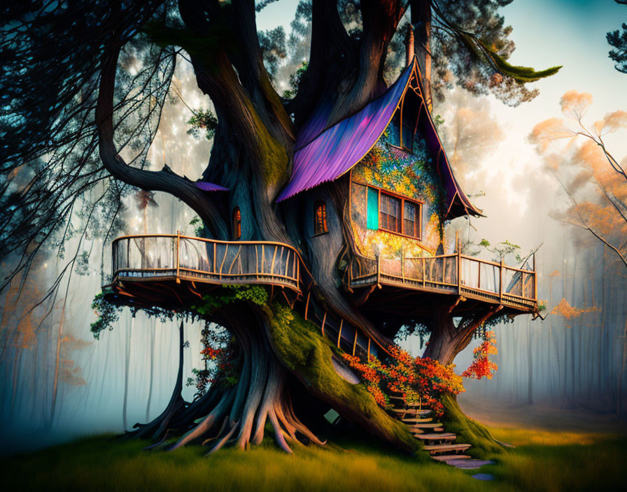 Colorful Stained-Glass Treehouse in Misty Forest