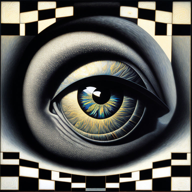 Detailed surrealistic eye painting with checkerboard patterns in black, white, and yellow