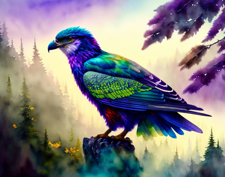 Colorful Eagle Illustration Perched on Branch with Mountain Landscape