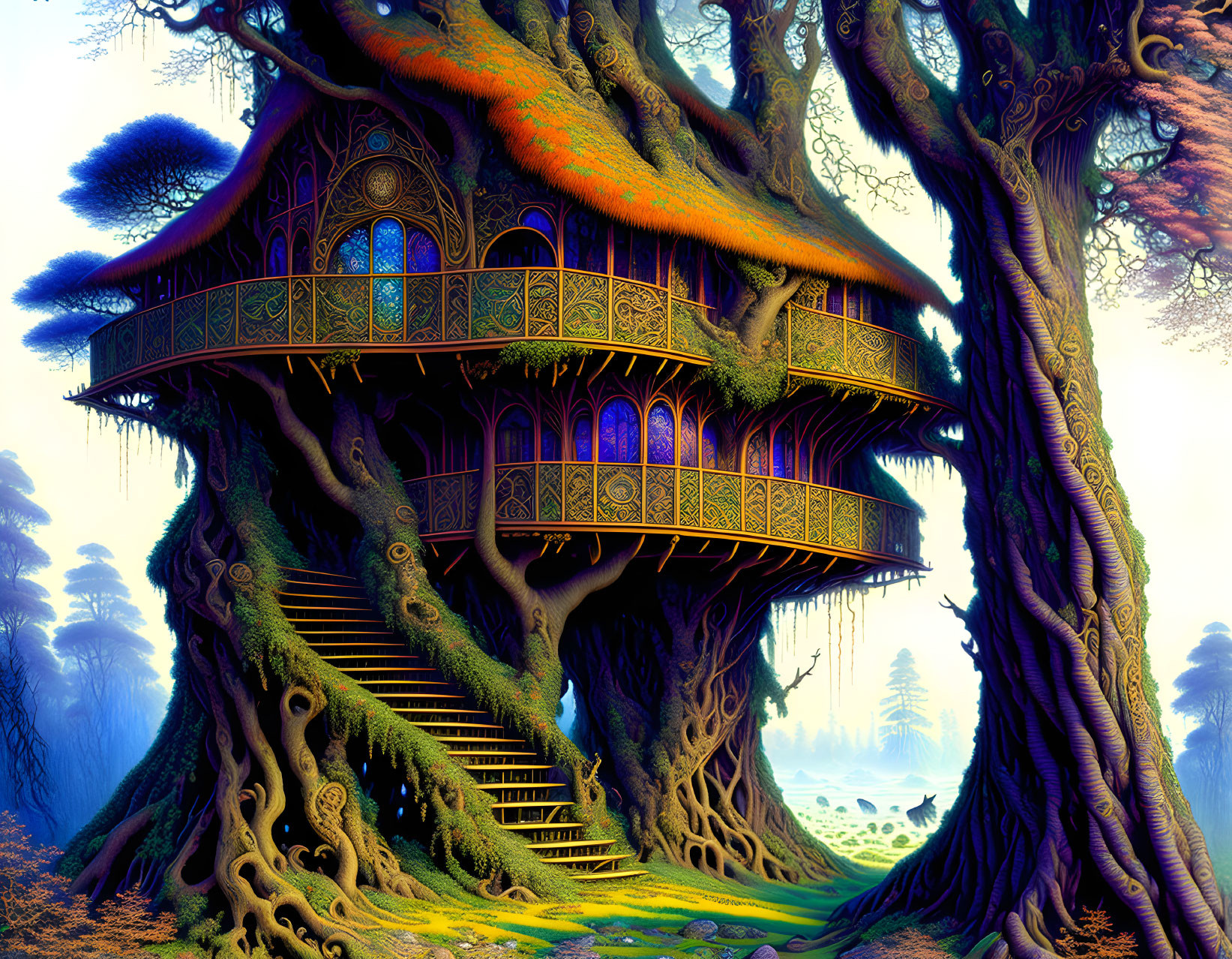 Intricate design treehouse in vibrant forest