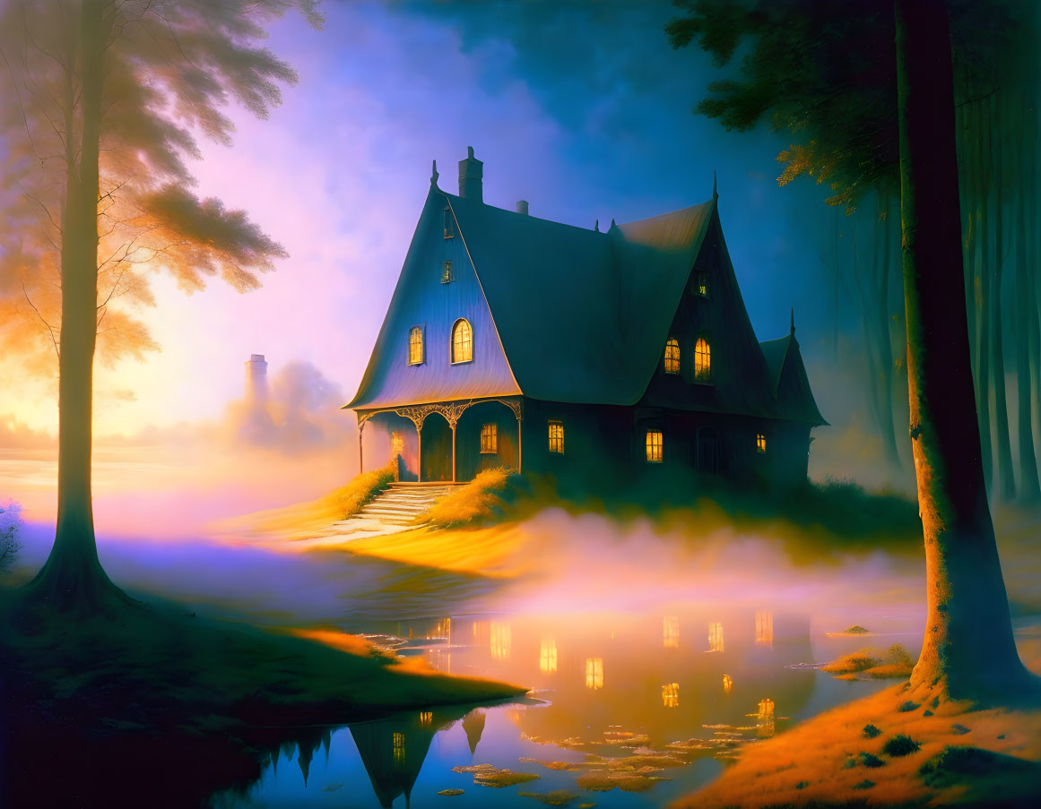 Victorian house by serene lake at sunset with mist reflecting.