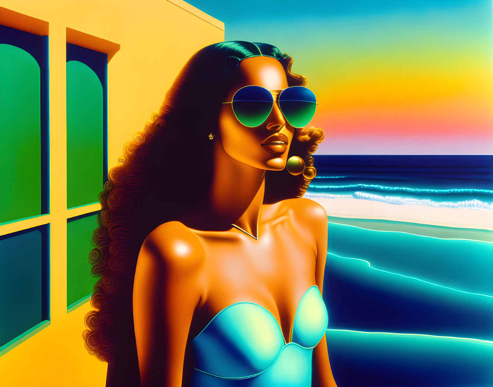 Colorful Stylized Woman with Sunglasses at Seaside