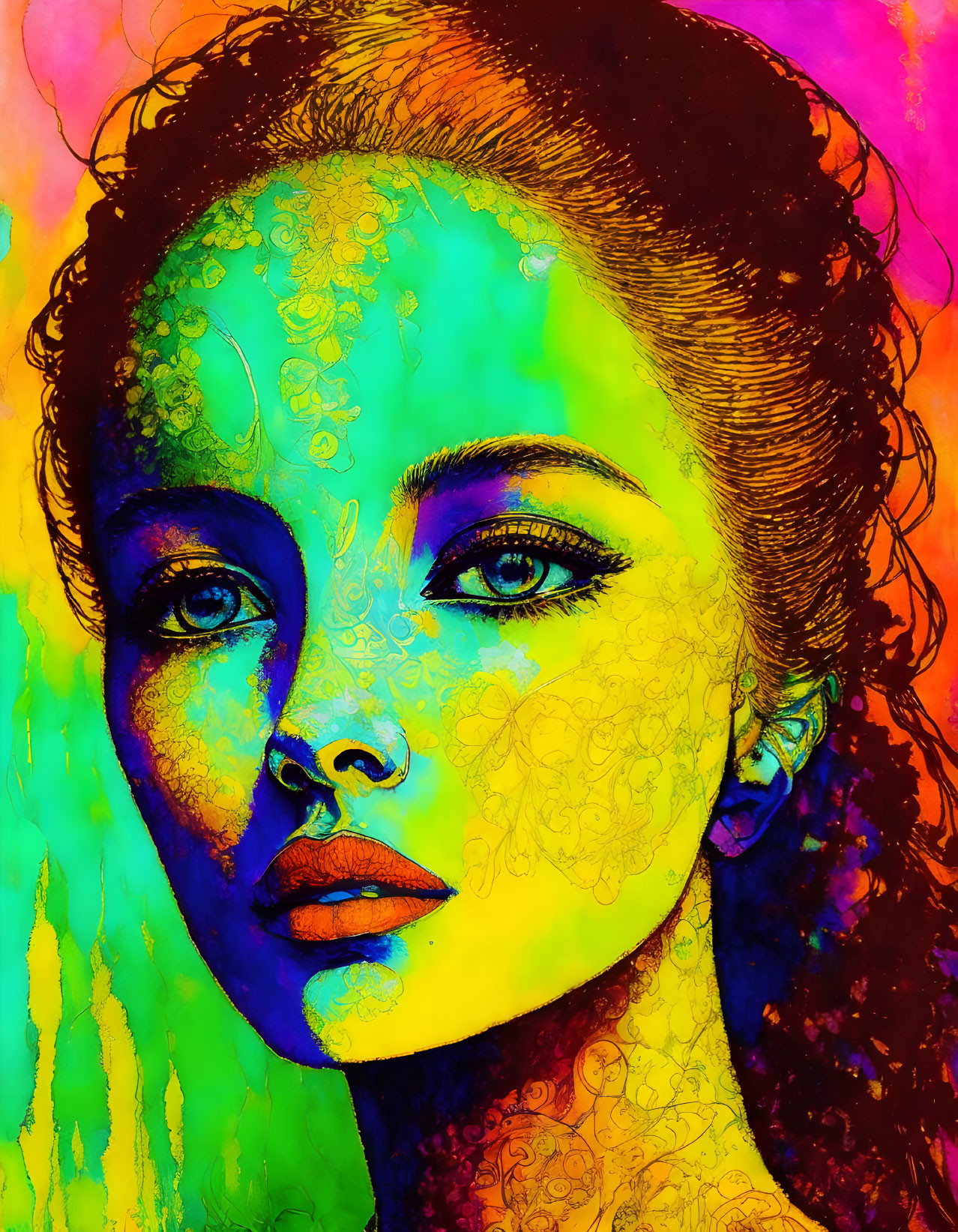 Colorful portrait of a woman with intricate patterns on skin and multicolored background