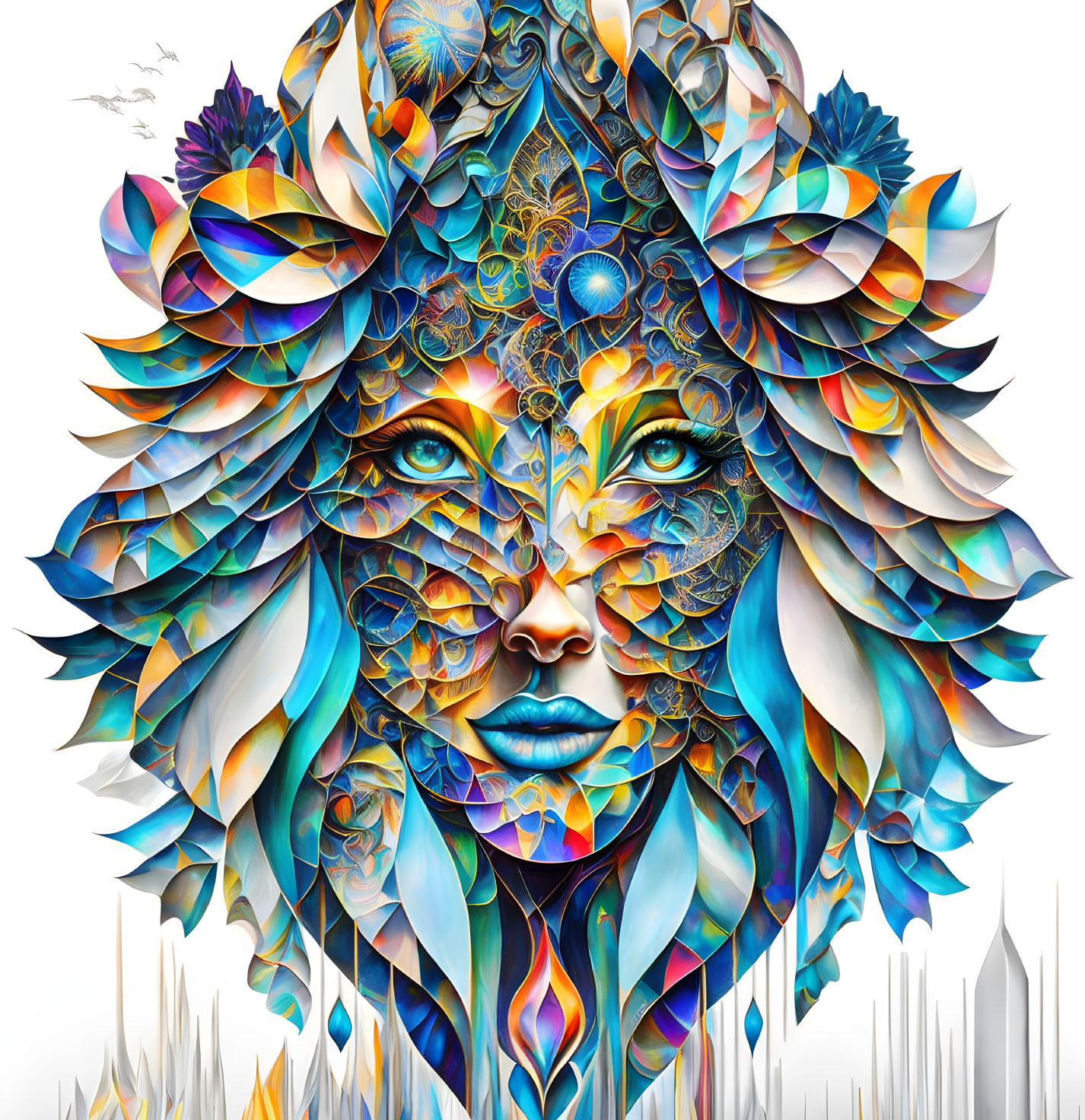 Colorful Feathered Woman's Face Artwork with Nature and Fantasy Elements