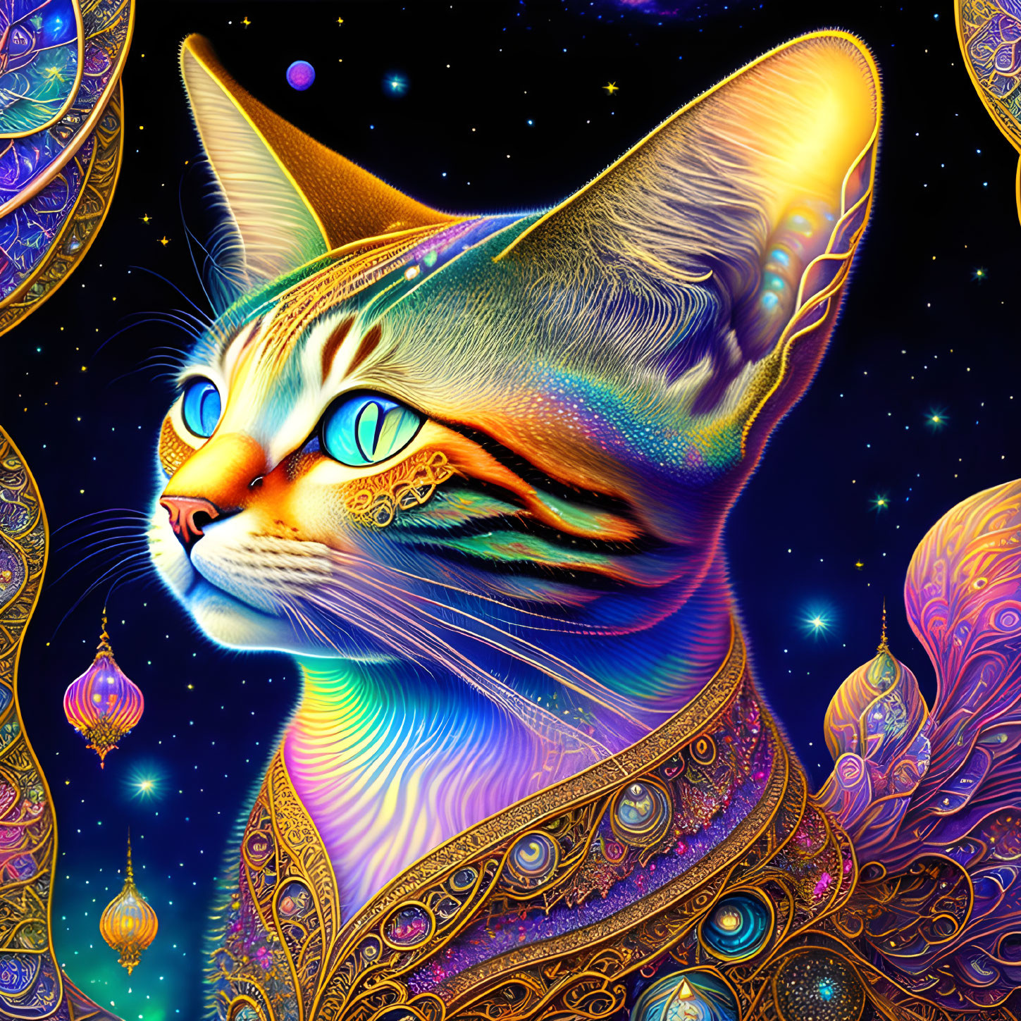 Colorful Cosmic Cat Illustration with Intricate Patterns on Fur