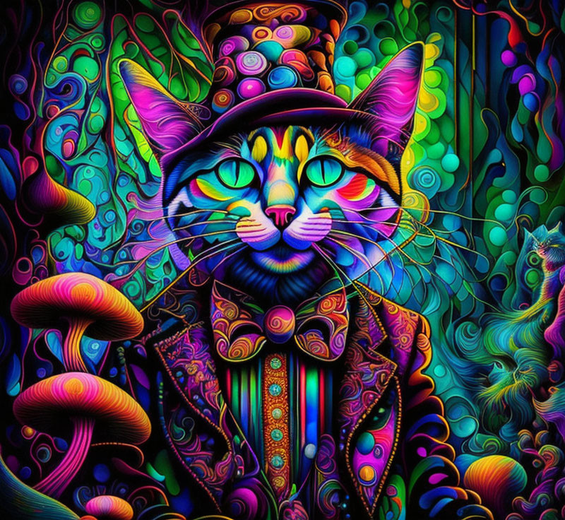 Colorful anthropomorphic cat with hat and intricate patterns in psychedelic setting