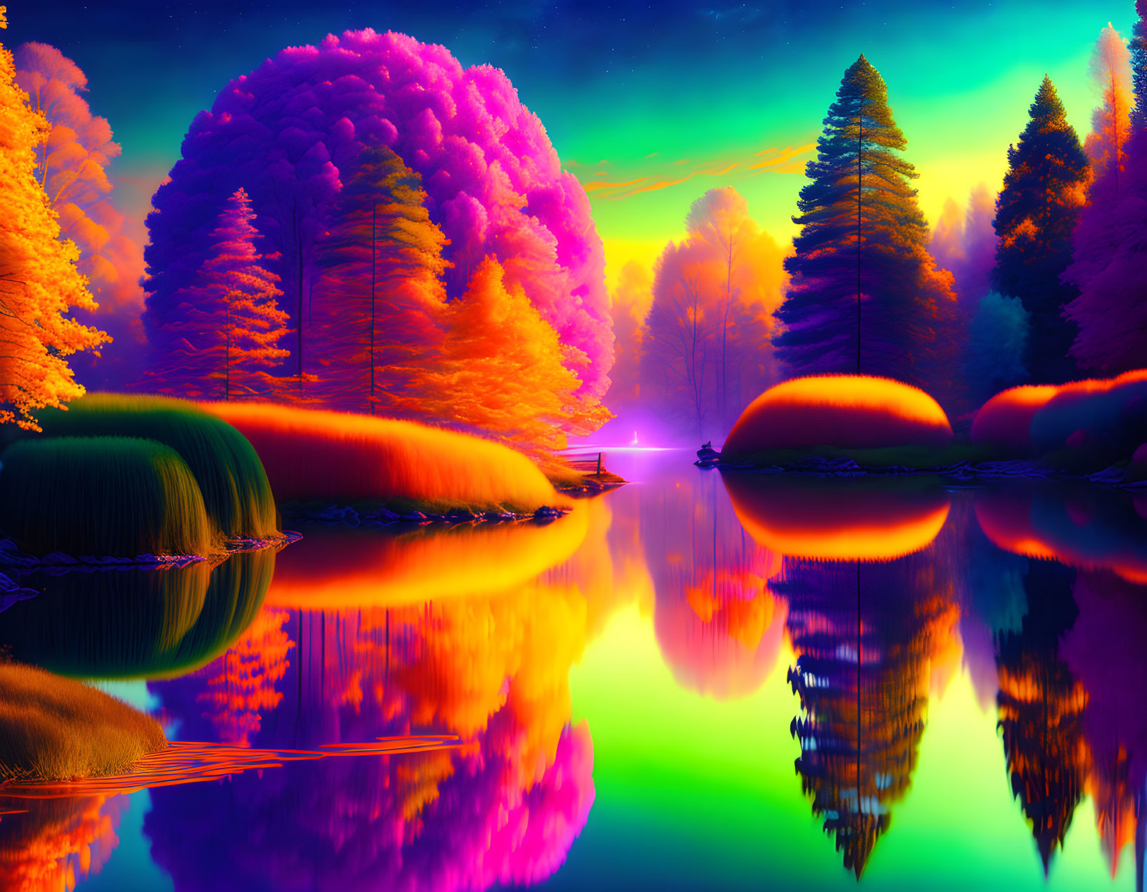 Neon-colored trees and surreal sunset in digital landscape