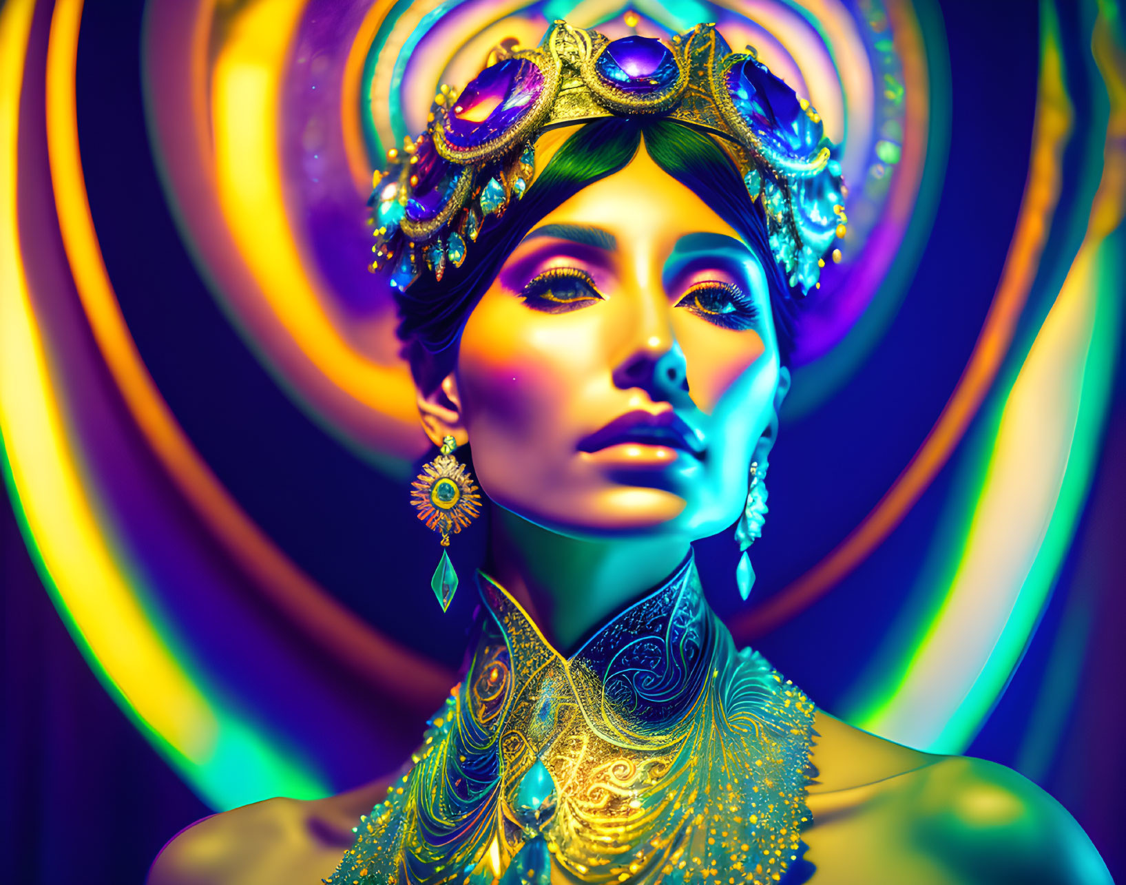 Colorful digital artwork: Woman in regal jewelry, neon glow, psychedelic swirls.