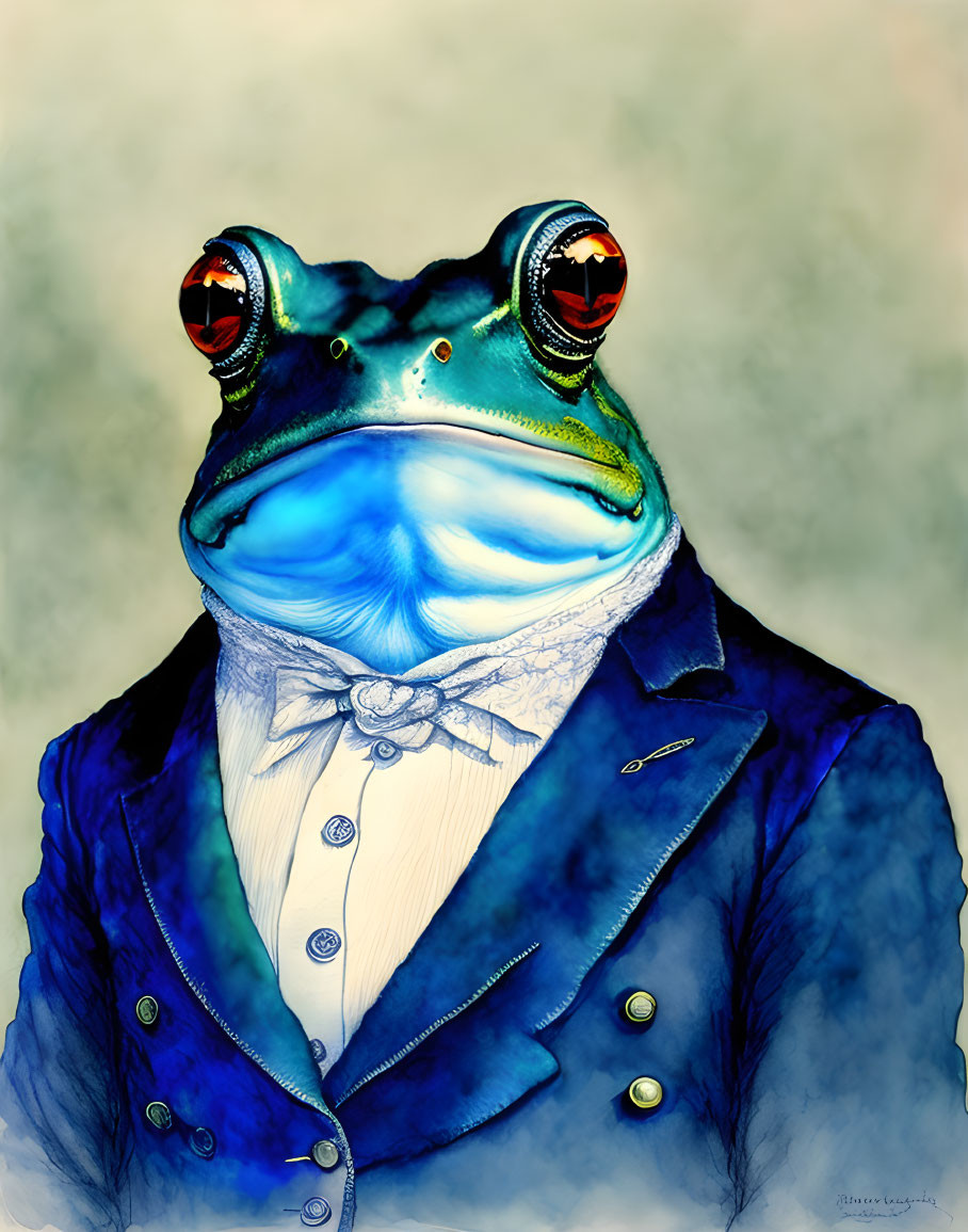 Anthropomorphic frog in elegant blue suit with white cravat on soft background