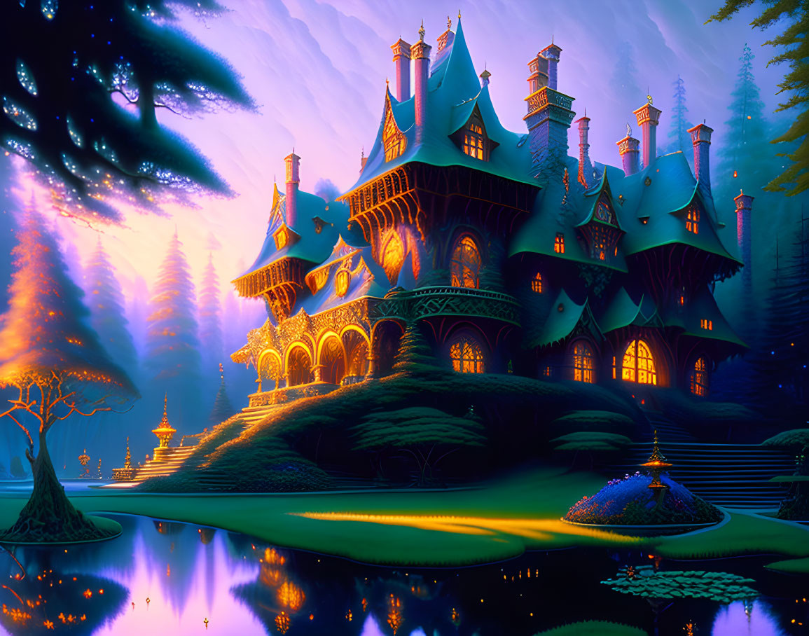 Fantasy castle with spires, glowing windows, forest, and lake at twilight