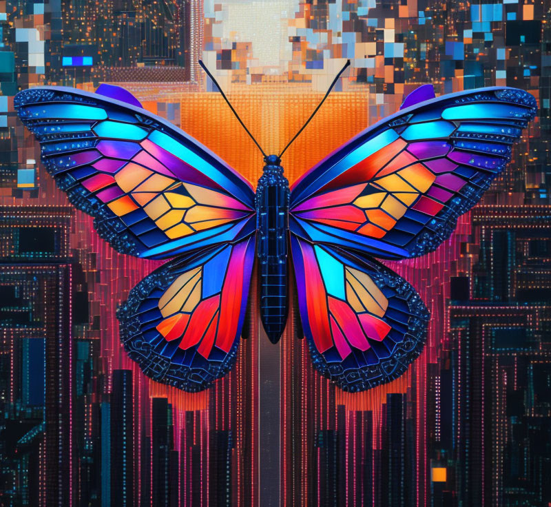 Colorful Butterfly Art Against Pixelated Cityscape Background