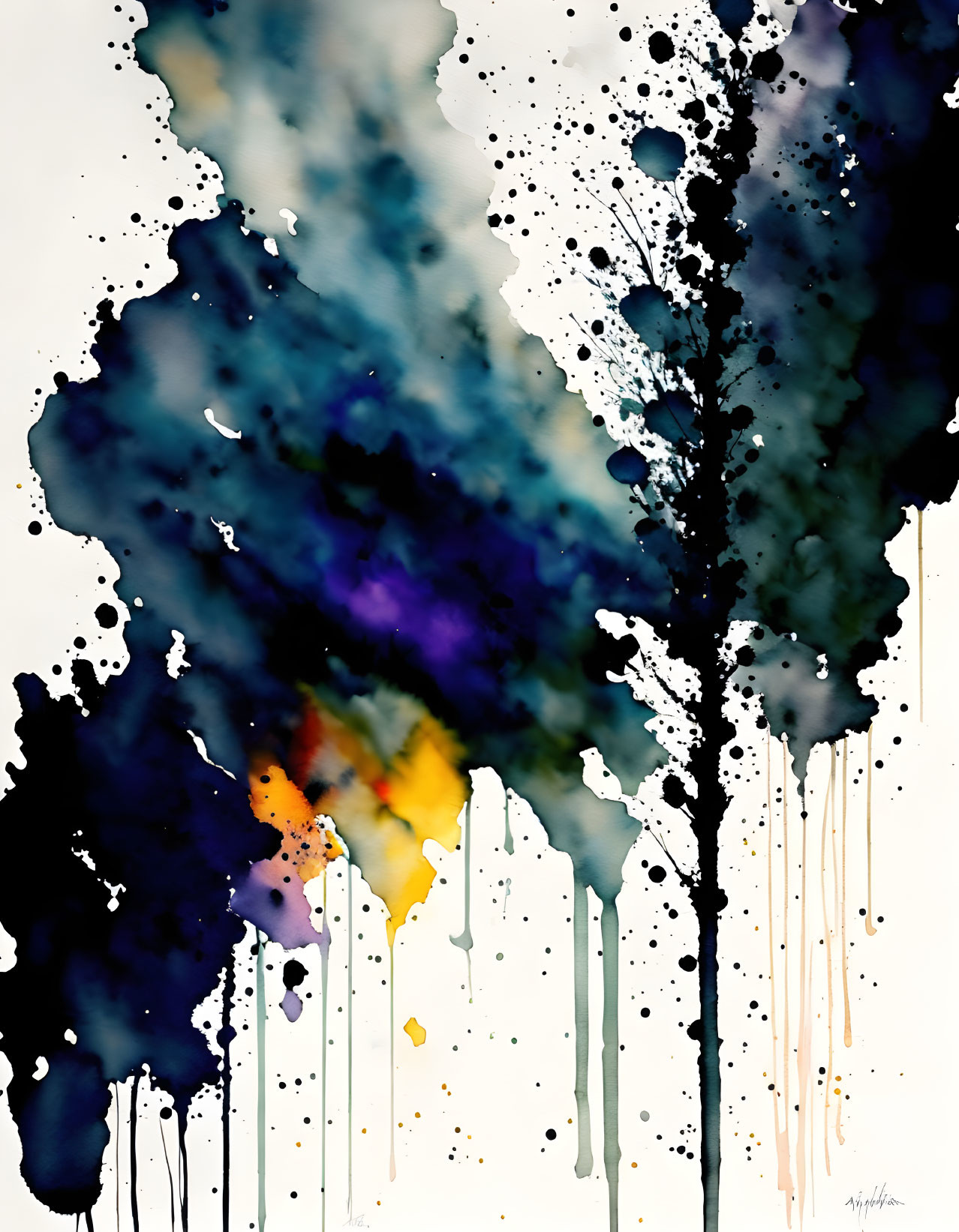 Abstract Watercolor Painting in Black, Blue, and Purple Hues