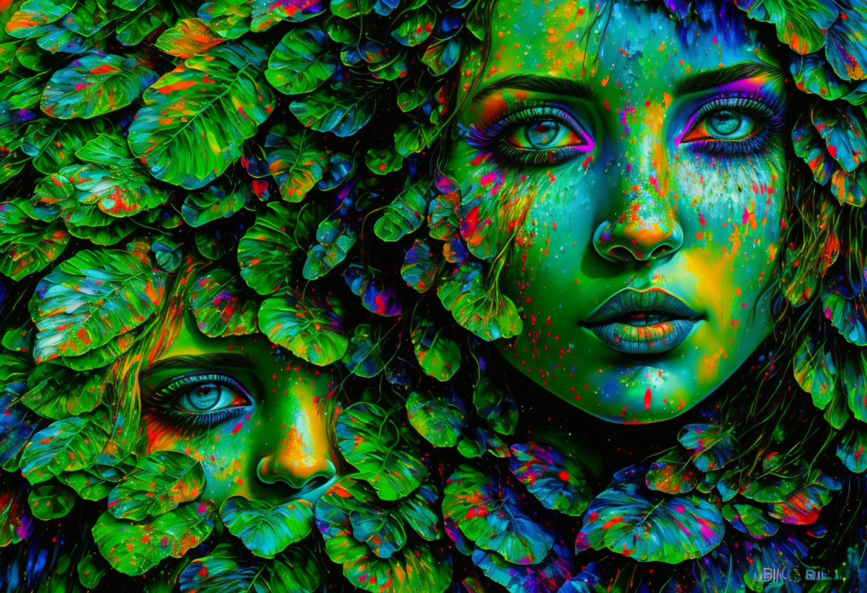 Colorful Faces Blend in Leafy Background with Vibrant Greens and Blues