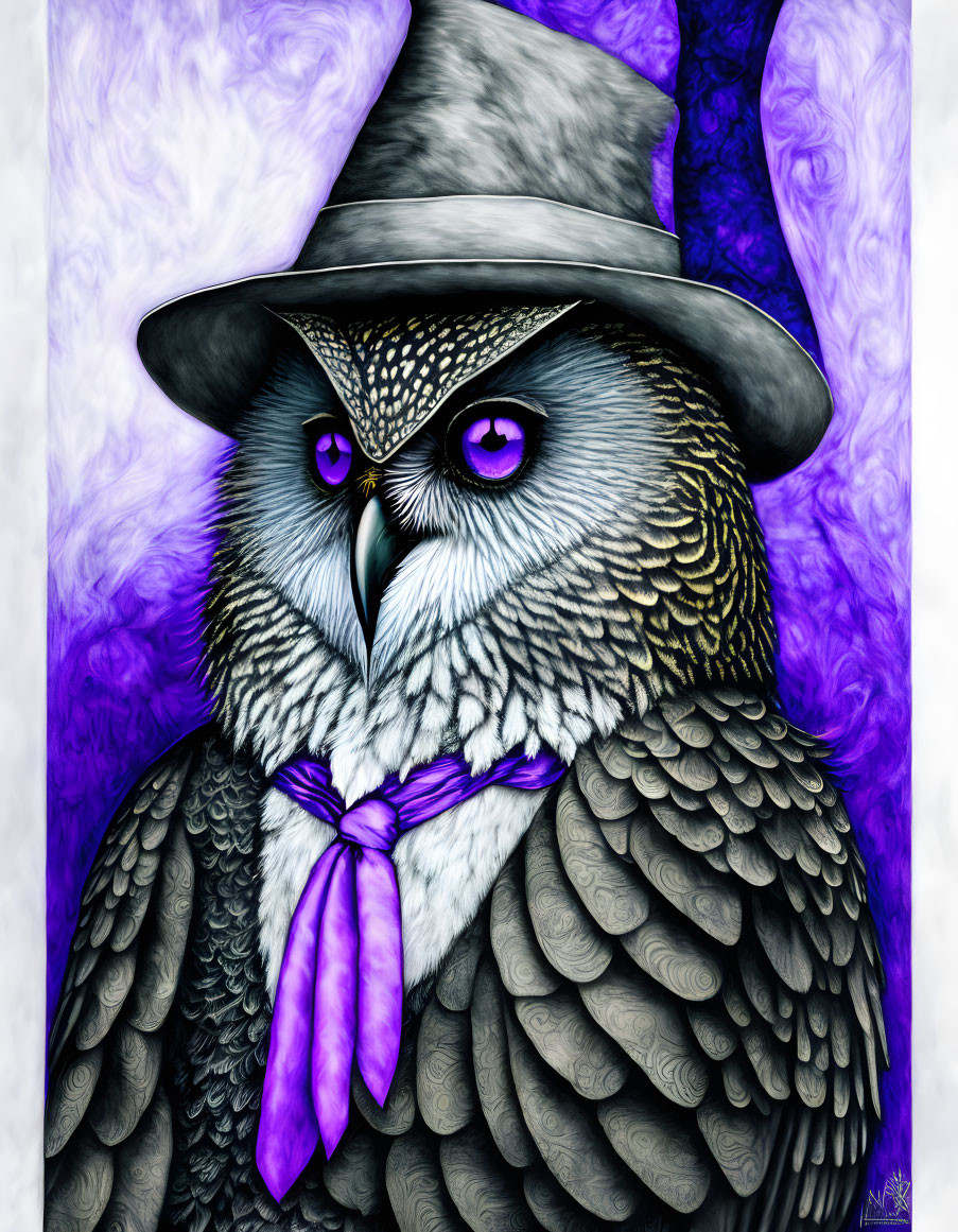 Illustrated owl with grey hat and purple bow tie on purple and white smoky background