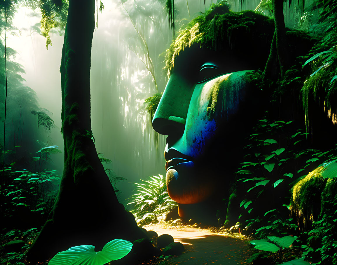 Gigantic stone face in lush green forest under hazy sunlight