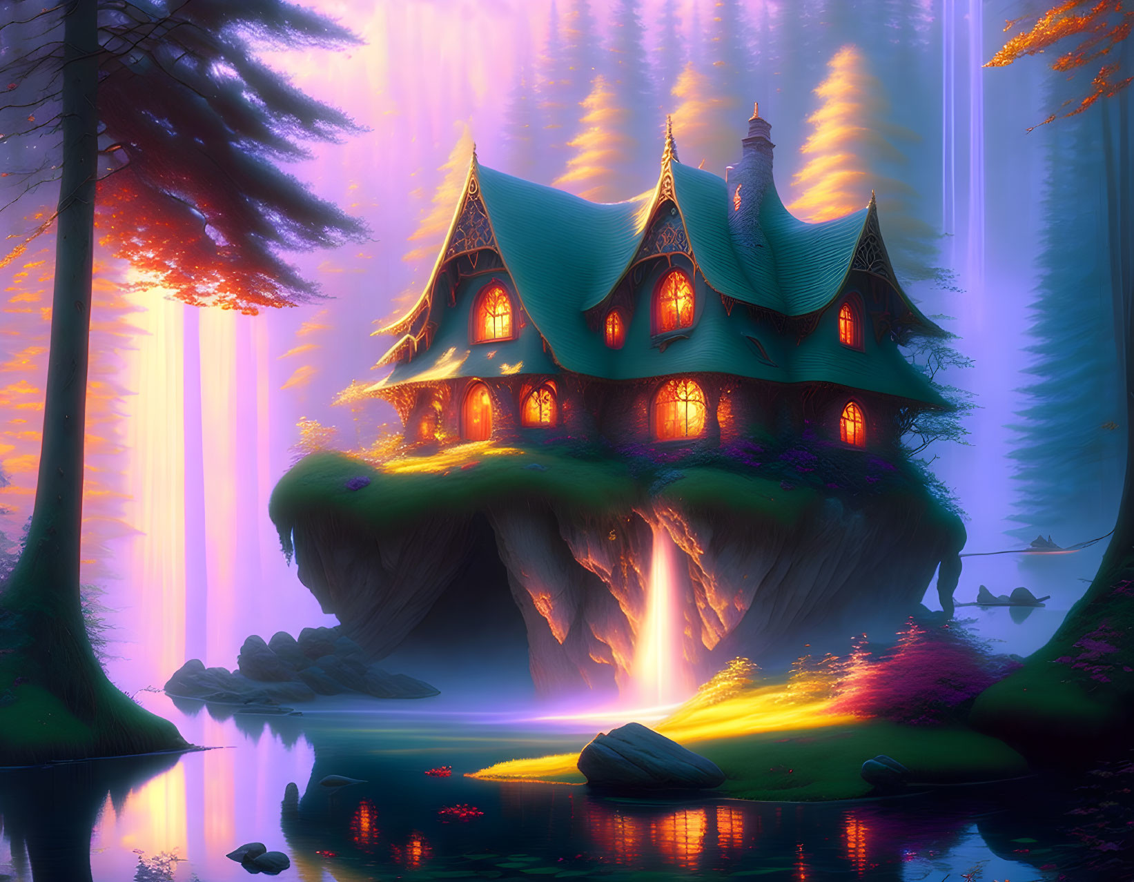 Enchanting fantasy house on rock formation by serene lake