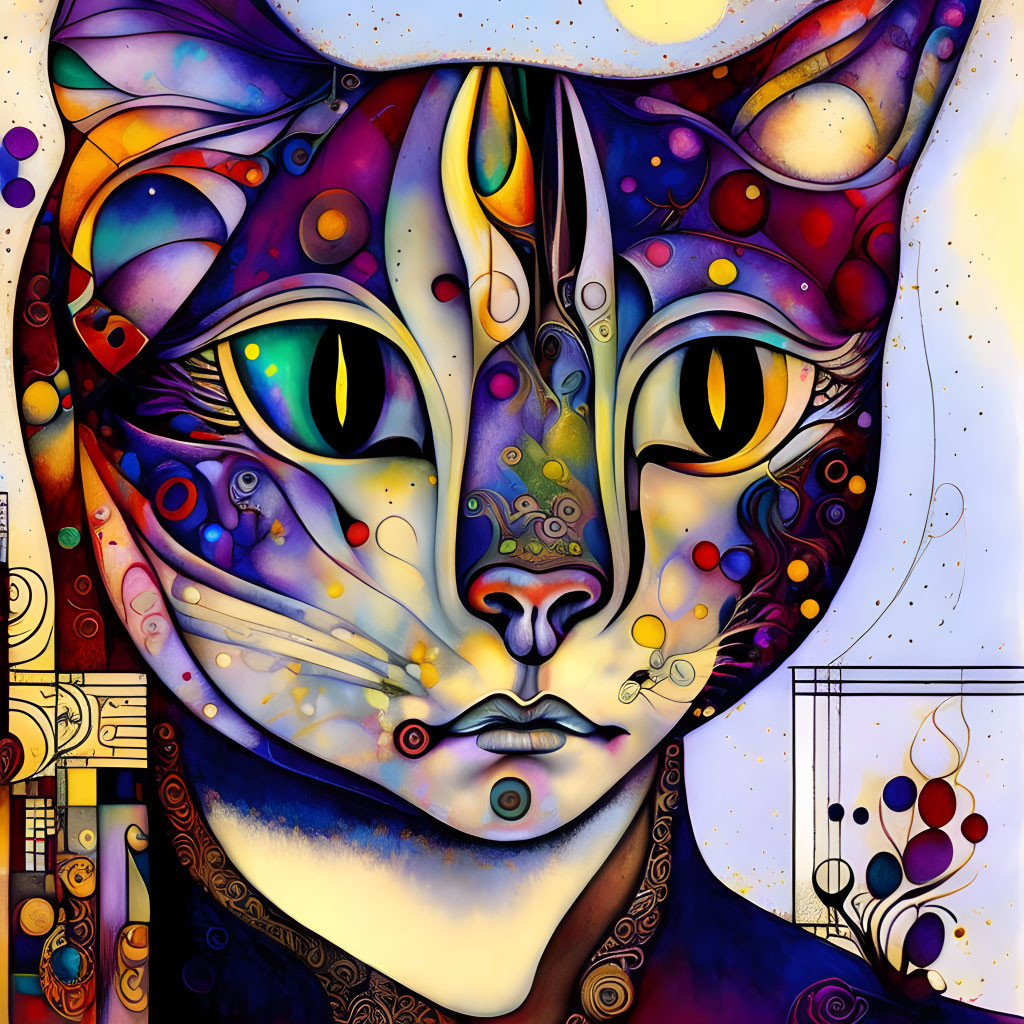 Vibrant Cat Illustration with Abstract Geometric Patterns