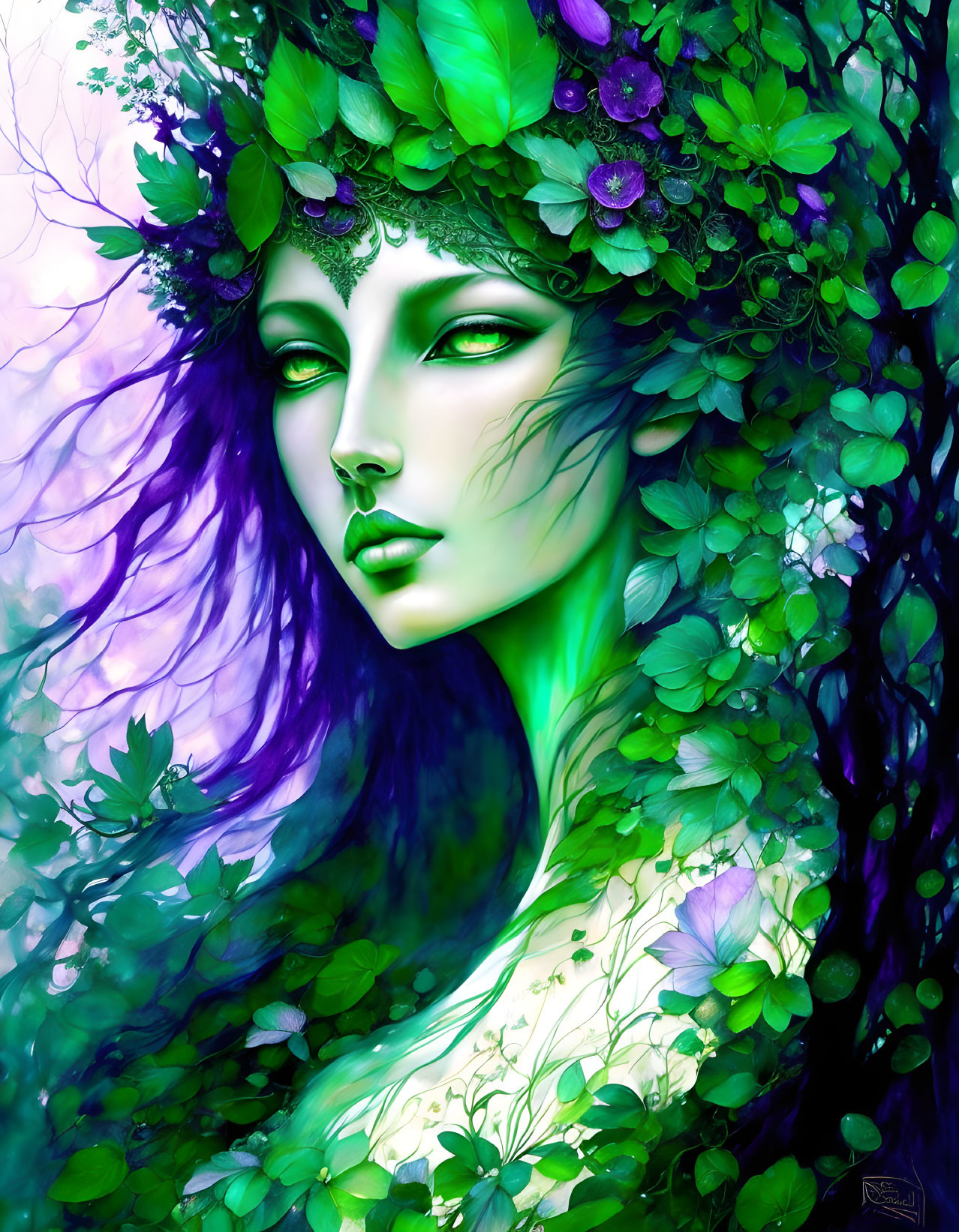 Digital artwork of woman with green skin and floral headdress.