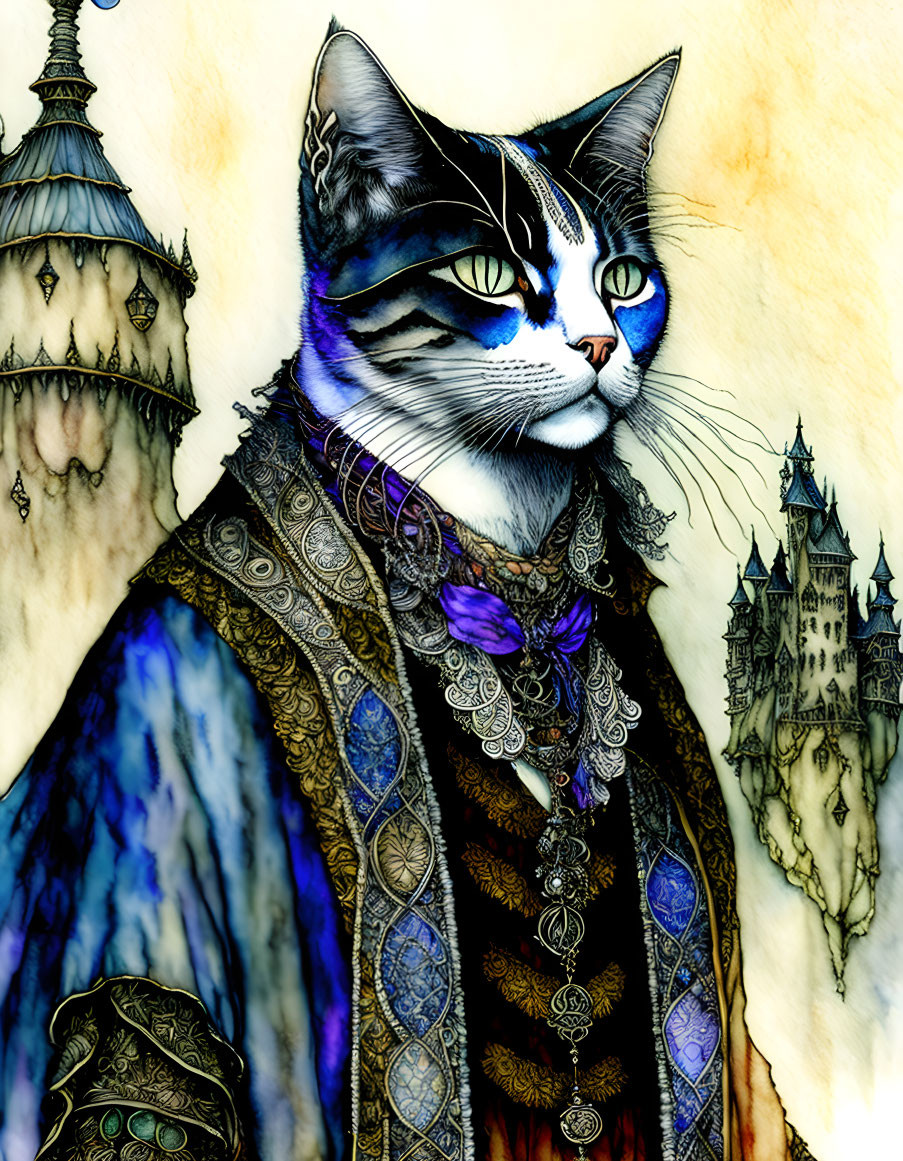 Regal cat in medieval attire with blue eyes and fantasy castles