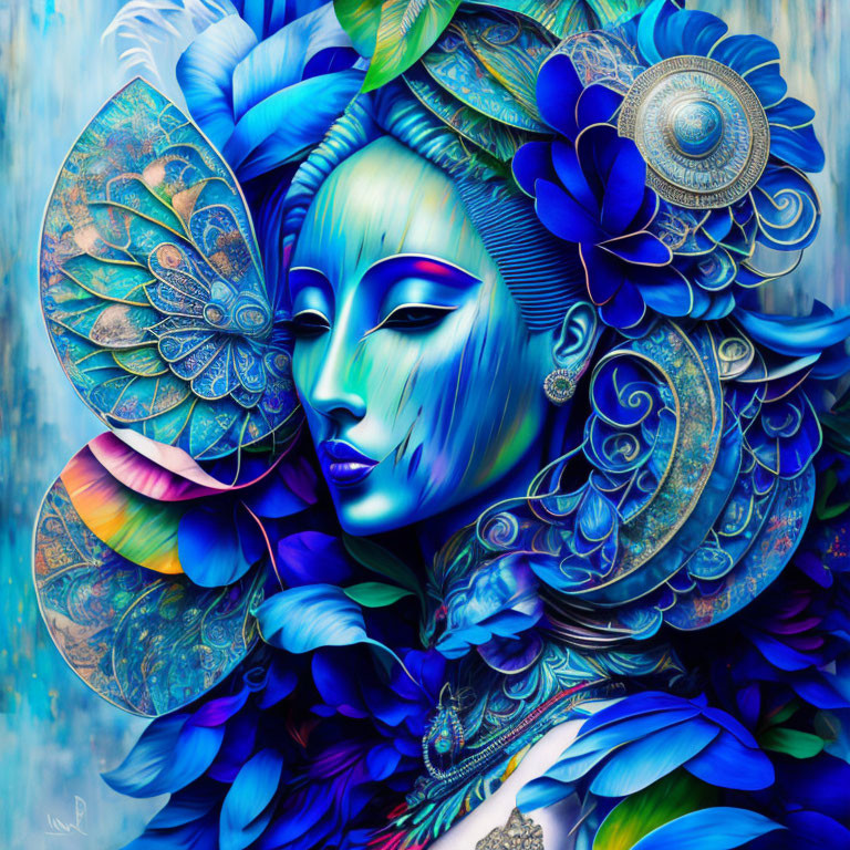 Vibrant digital artwork of a woman with blue skin and floral butterfly wings