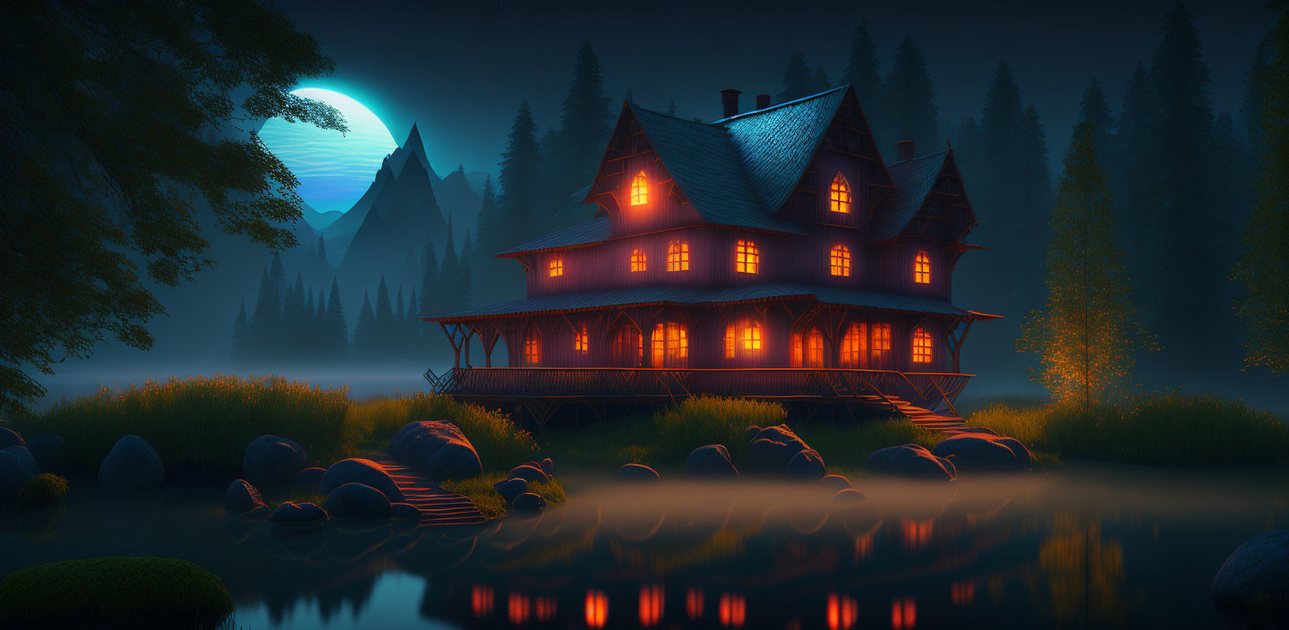 Nighttime landscape with glowing house by misty lake under full moon