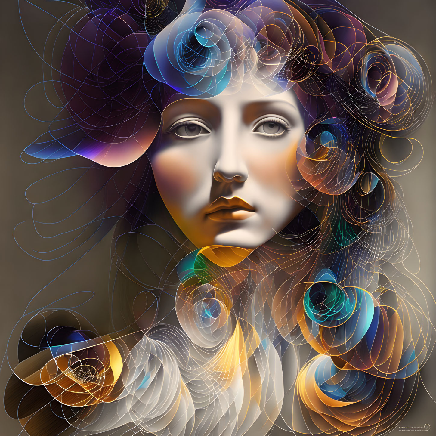 Colorful digital artwork of woman with swirling hair on gradient background