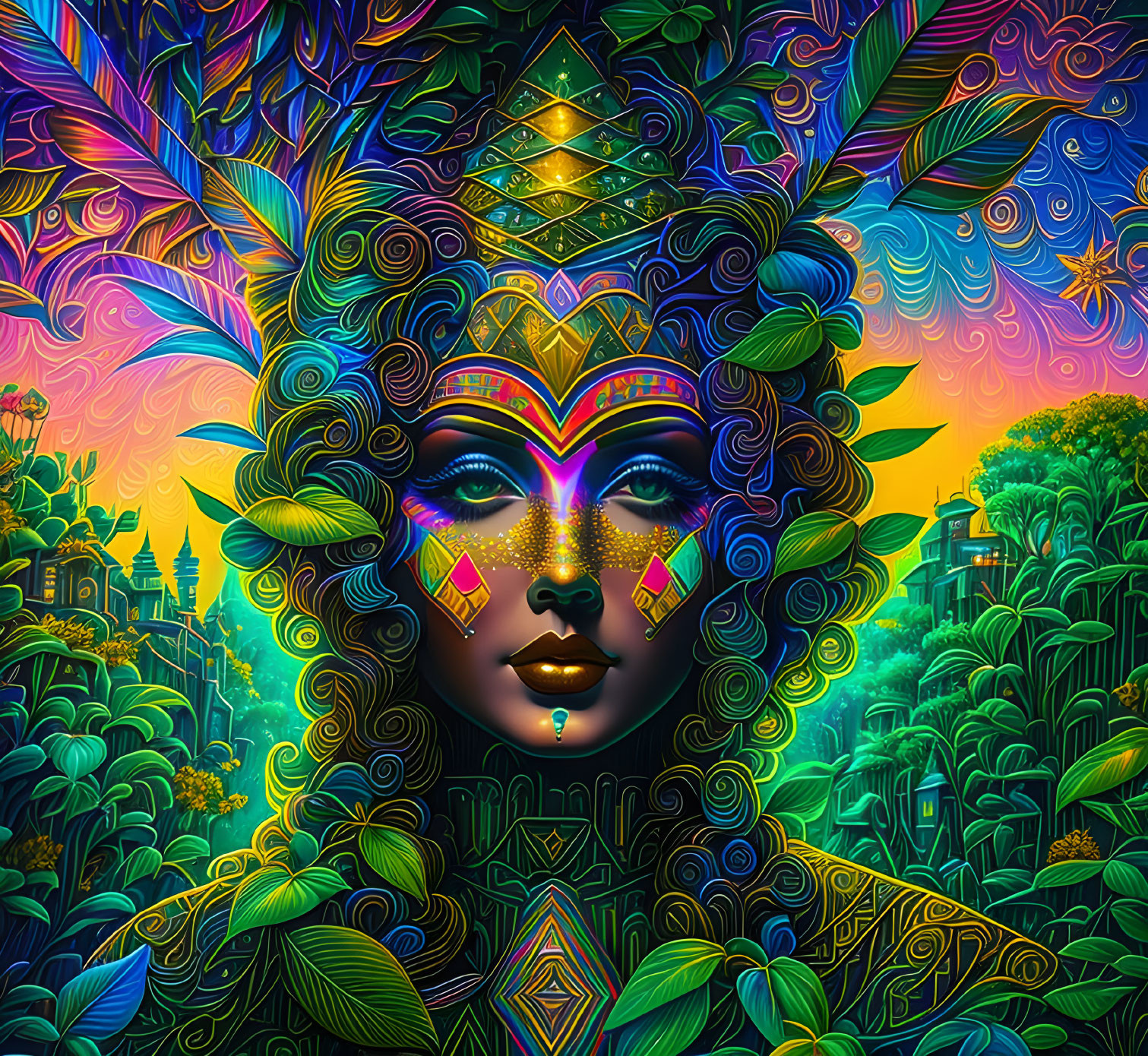 Colorful psychedelic portrait of a woman in fantasy jungle setting