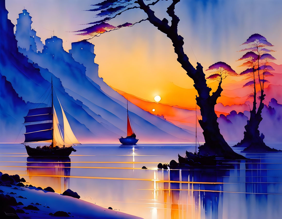 Tranquil sunset scene: sailboats, silhouetted trees, vibrant hues, reflections,