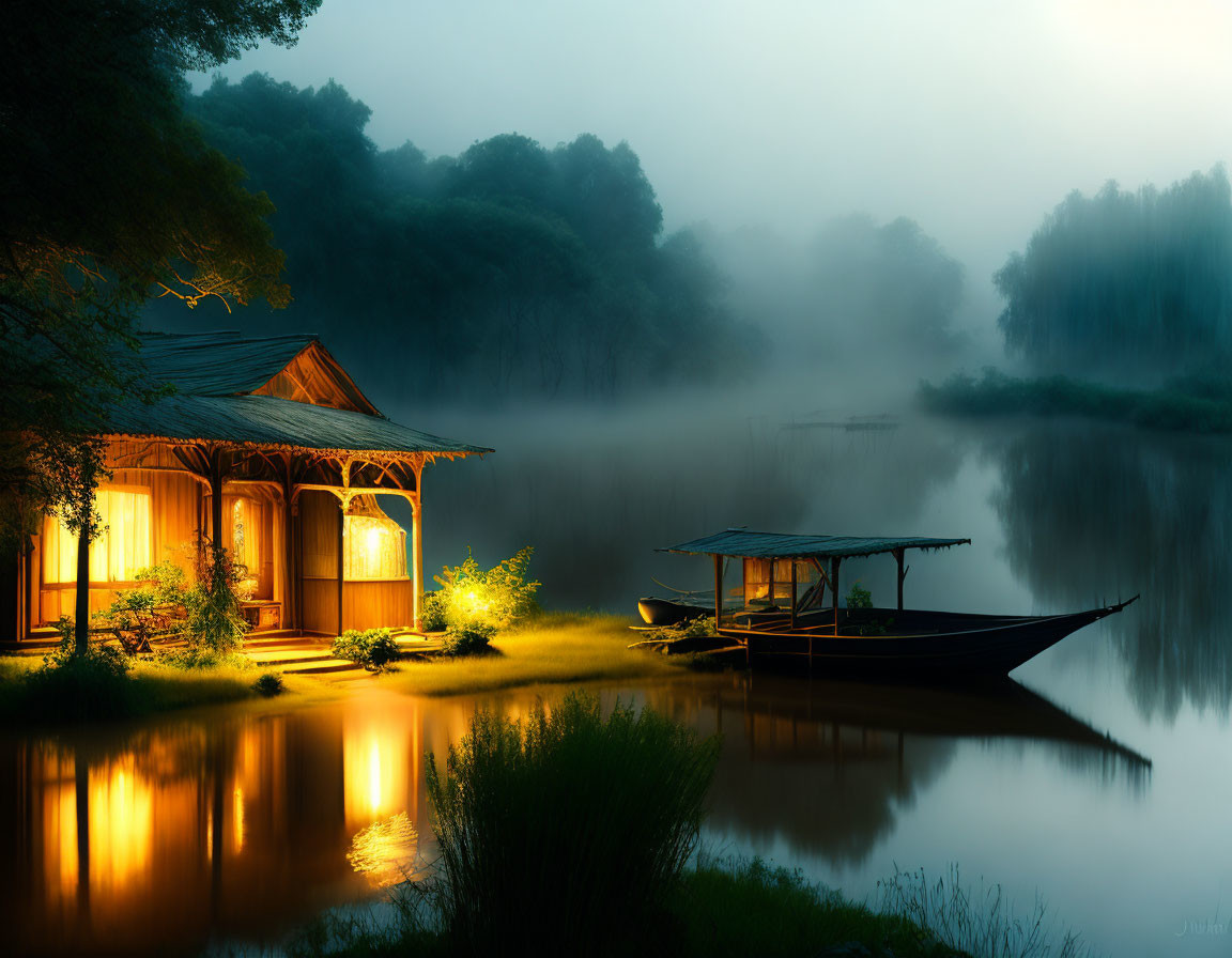 Serene wooden cabin by misty river at dusk or dawn