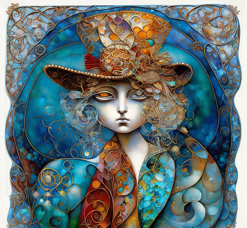 Stylized female face with ornate hat in blue, gold, and earth tones