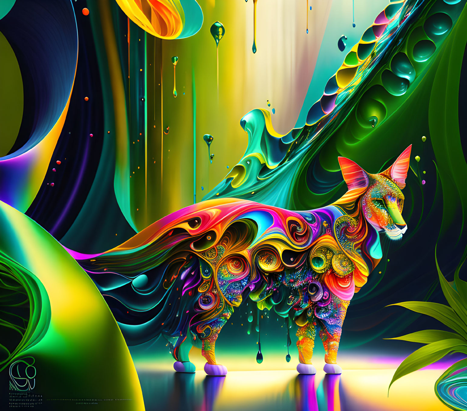 Colorful Psychedelic Creature Illustration with Swirls in Abstract Environment