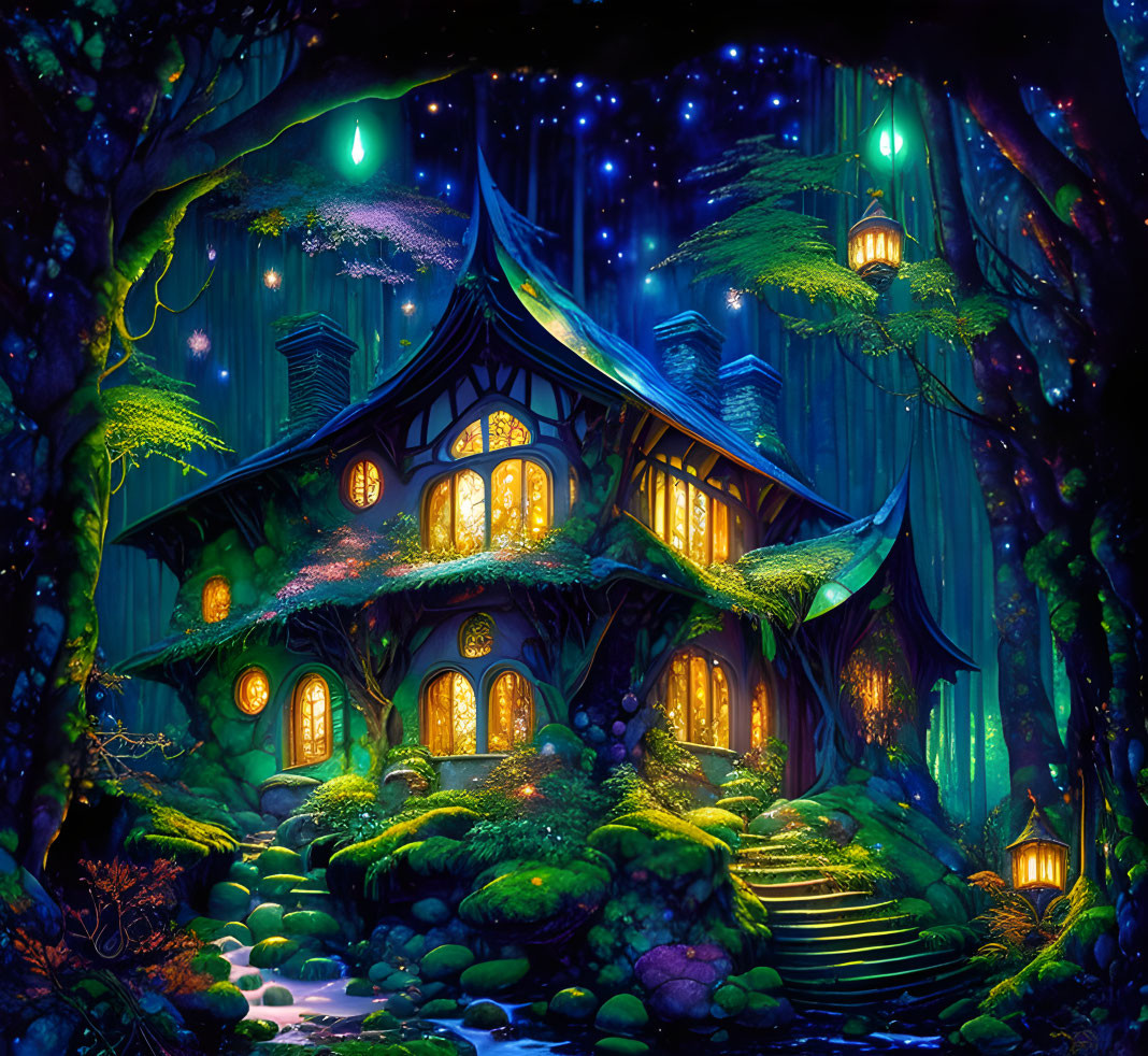 Enchanting illuminated fantasy treehouse in vibrant mystical forest