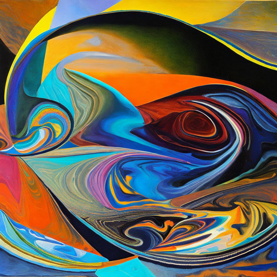 Colorful Abstract Painting with Swirling Patterns in Blue, Orange, and Yellow