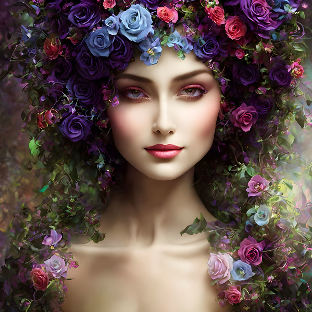 Woman with Floral Crown of Purple, Blue, and Pink Roses