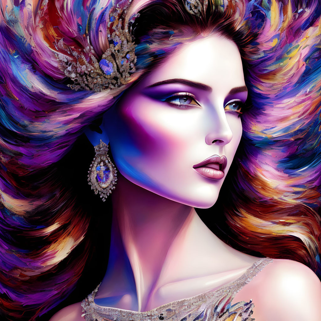 Vivid multicolored hair woman digital artwork