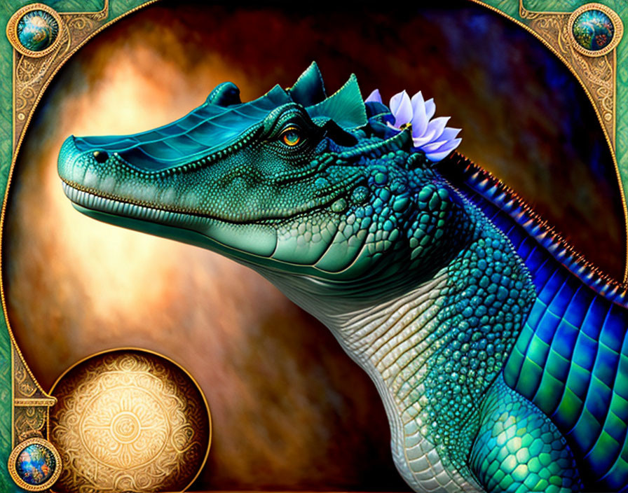 Colorful digital artwork: stylized alligator with blue-green skin and purple lotus, framed by