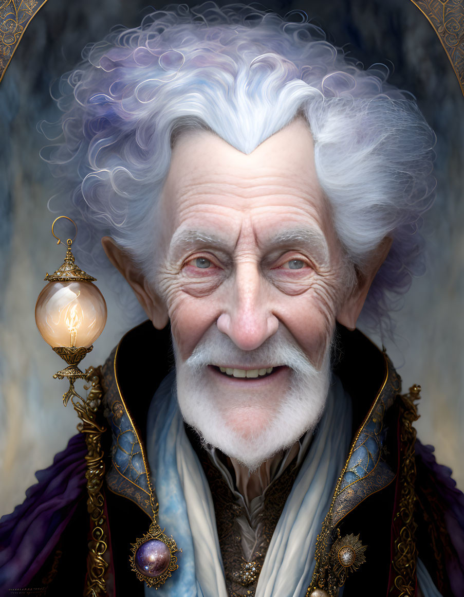 Elderly man in regal attire with twinkling eyes and white wavy hair