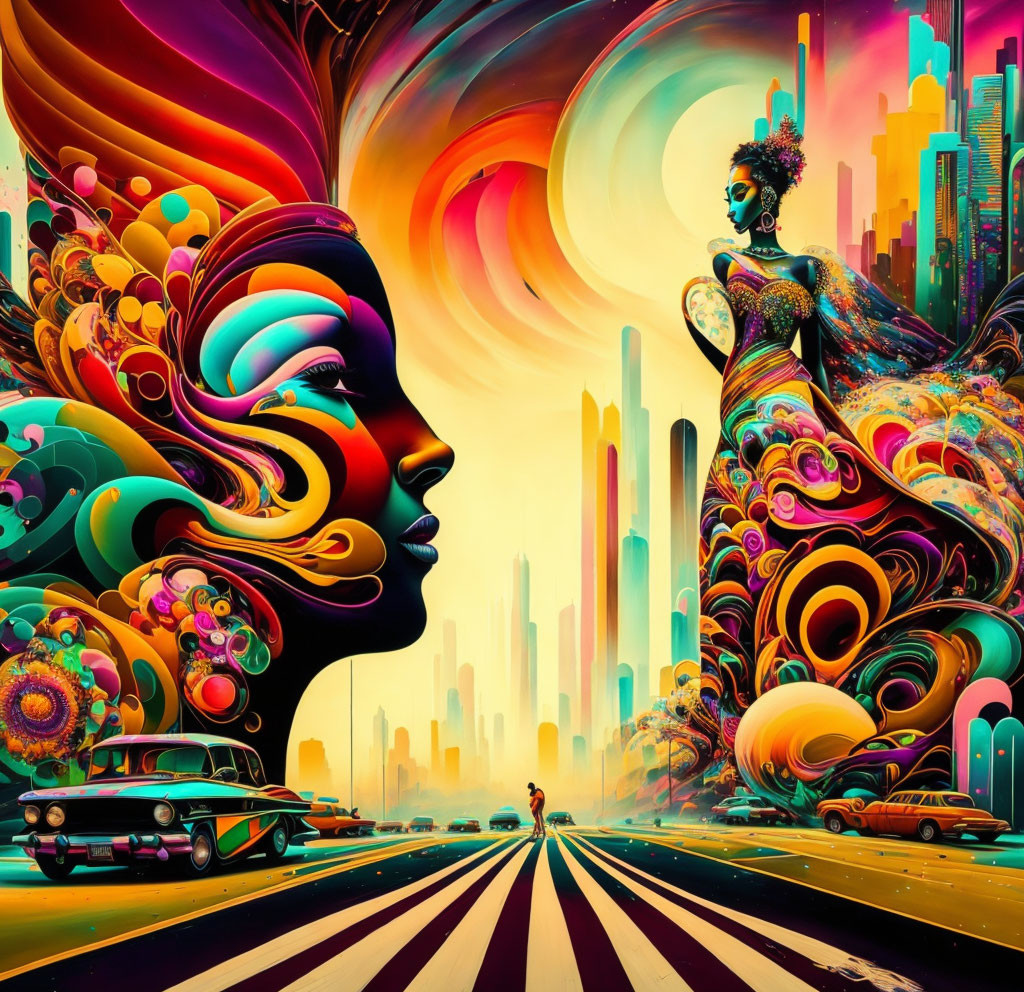 Colorful Psychedelic Art: Woman's Profile & Abstract Cityscape