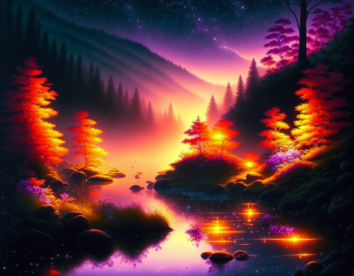 Vibrant digital artwork of mystical forest with glowing trees and starry sky