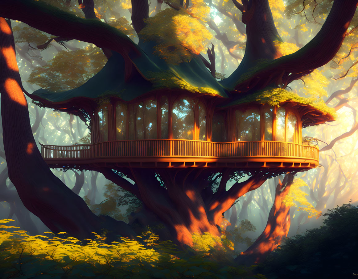 Digital art: Large tree with whimsical treehouse in misty forest