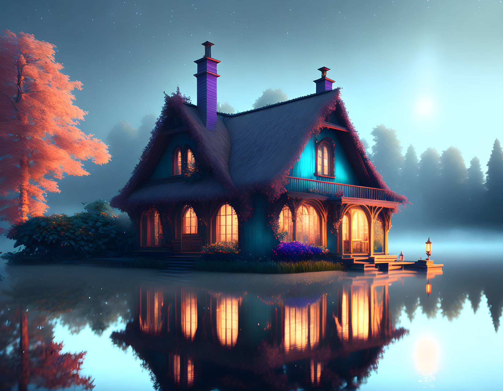 Twilight scene: Cottage by calm lake with starry sky