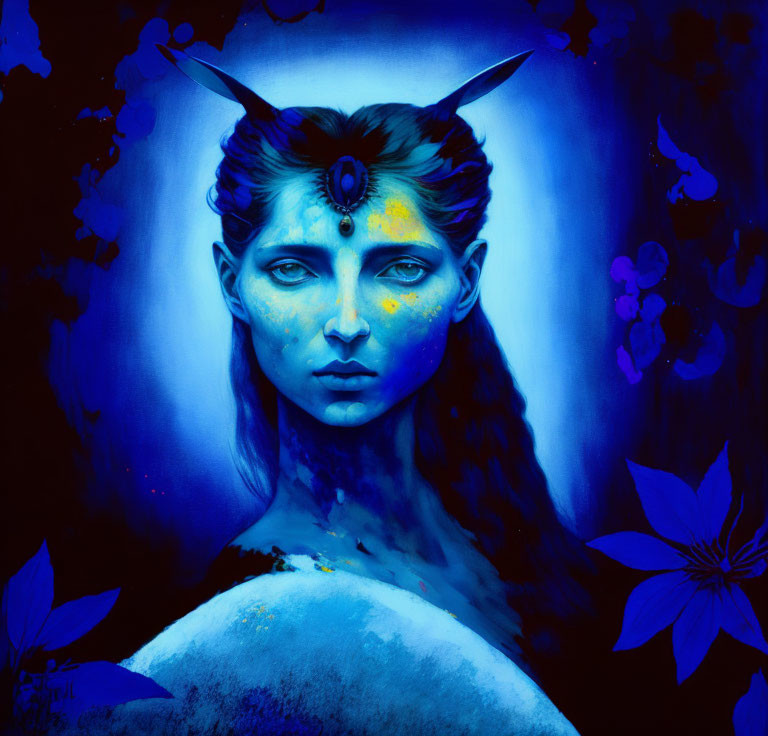 Blue-toned portrait of mystical woman with pointed ears and yellow accents among blue flowers