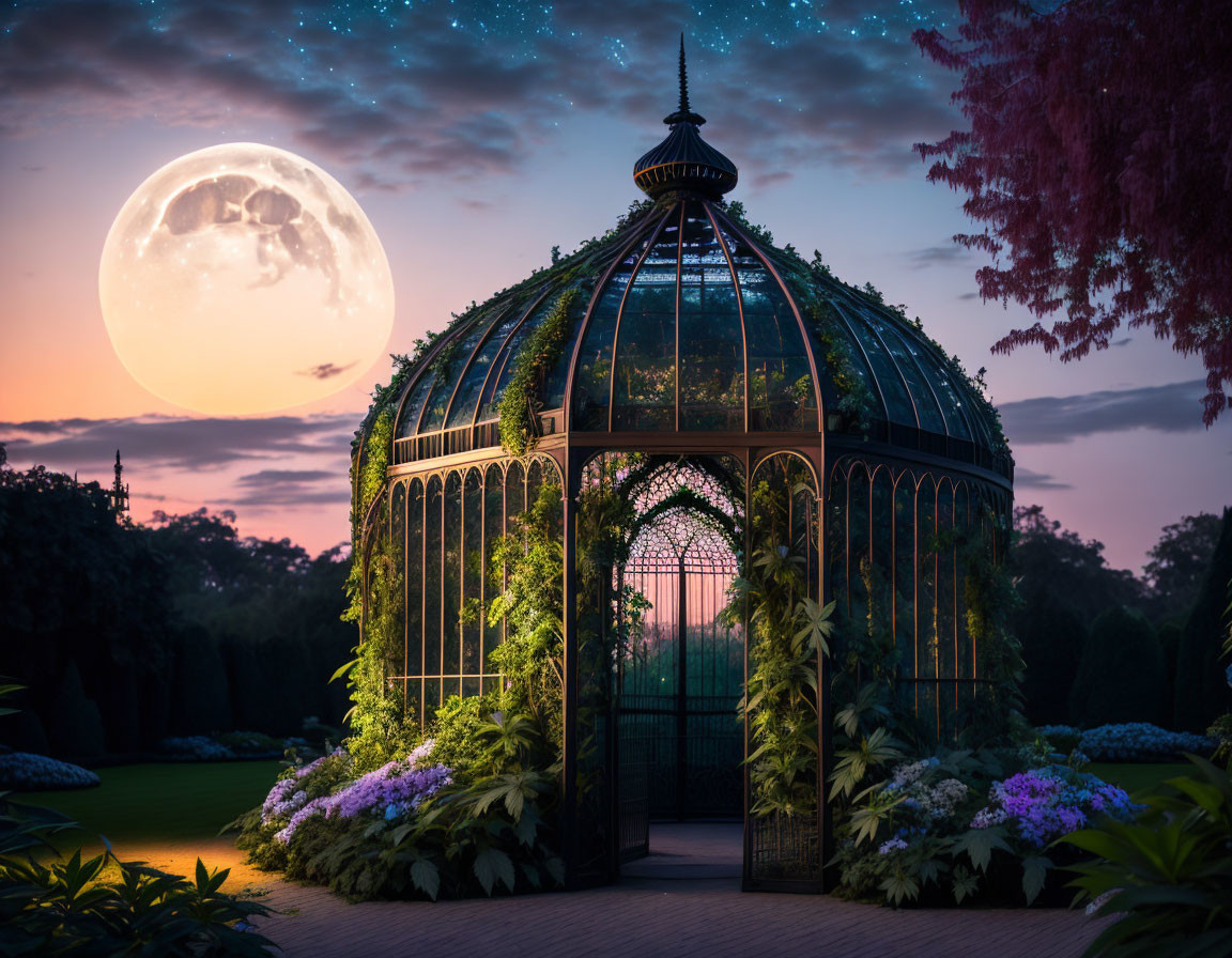 Ornate greenhouse in moonlit twilight with lush gardens